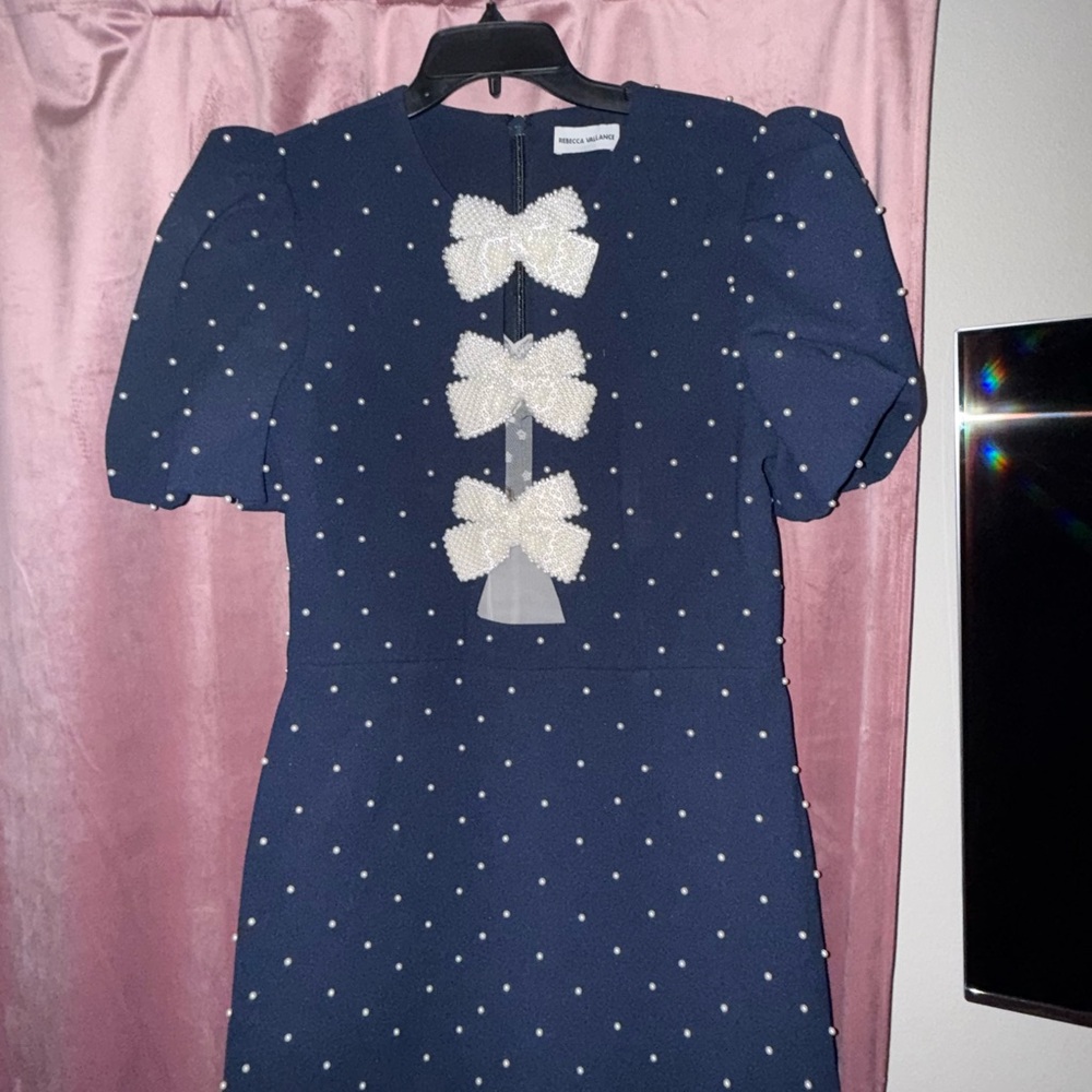 Rebecca Vallance Navy Pearl Bow Embellished Mini Dress